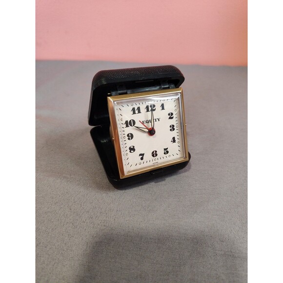 Vintage Equity Travel Alarm Clock Wind Up Folding Case Works - Picture 1 of 6